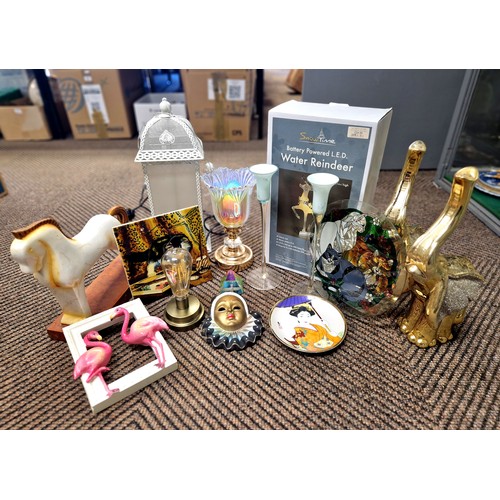 379 - Collection of decorative items including Elephants, lamps and water reindeer etc.