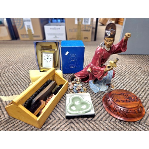 380 - Model of a Samurai warrior, brass cased carriage clock, shoe cleaning equipment etc.