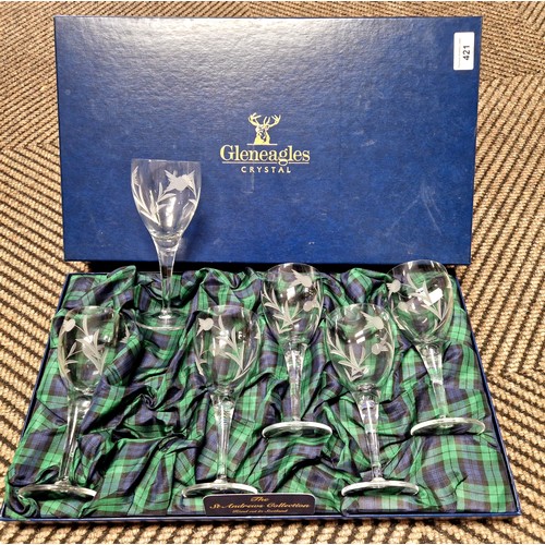 421 - Set of six Gleneagles crystal wine glasses. boxed.