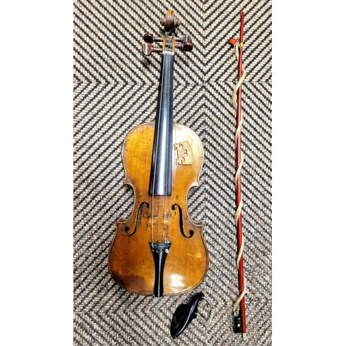 420 - Violin with two piece back and bow A/F. Label inside reads 'Stradivarius ... Faciebat anno 17'