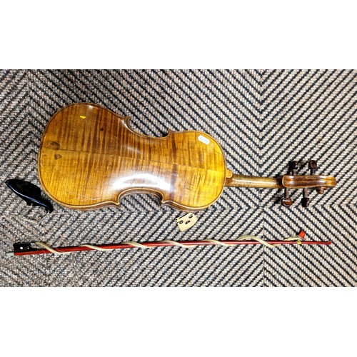 420 - Violin with two piece back and bow A/F. Label inside reads 'Stradivarius ... Faciebat anno 17'