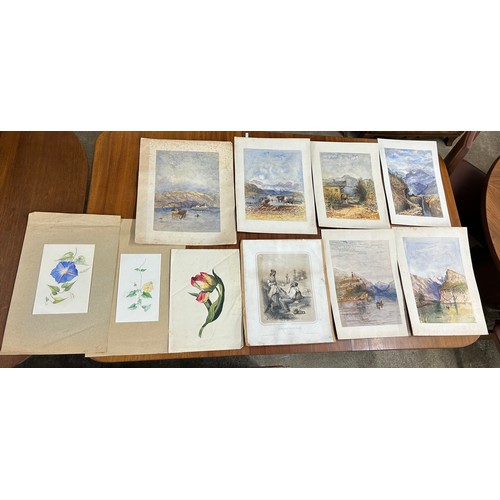 630 - Large quantity of unframed watercolour paintings and a print