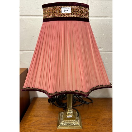 640 - Brass reeded column table lamp and shade