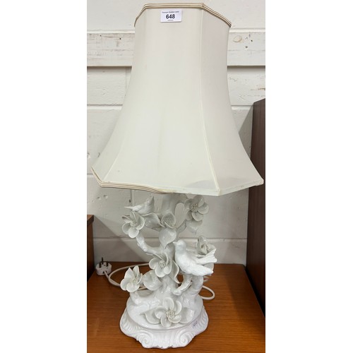 648 - Porcelain table lamp with bird & foliage design 