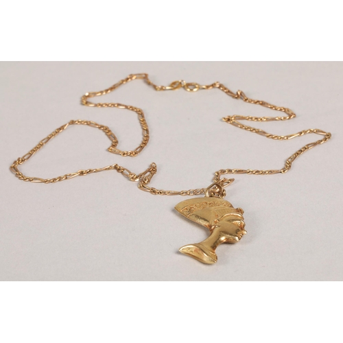 130 - 9ct gold Nefertiti pendant on 9ct chain, 3.4g