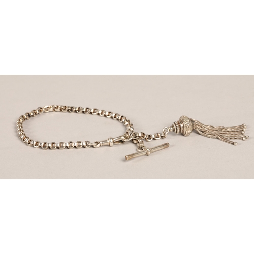 132 - White metal watch chain with T bar and tassle