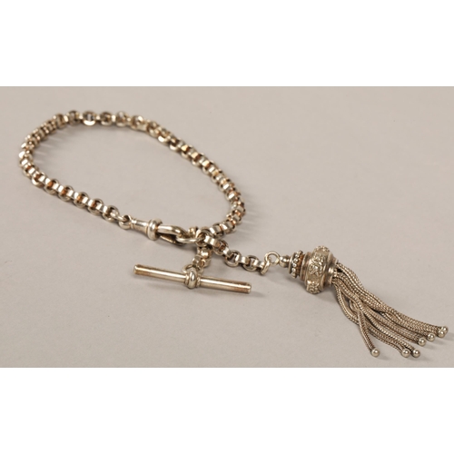 132 - White metal watch chain with T bar and tassle