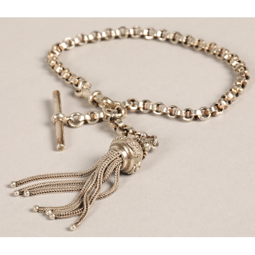 132 - White metal watch chain with T bar and tassle