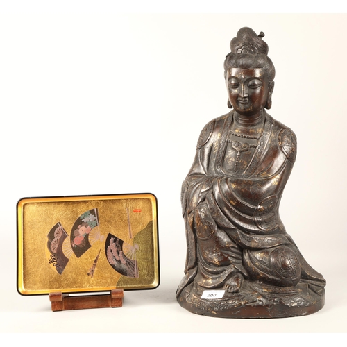 200 - Oriental bronzed Buddha statue with a lacquer tray and display stand