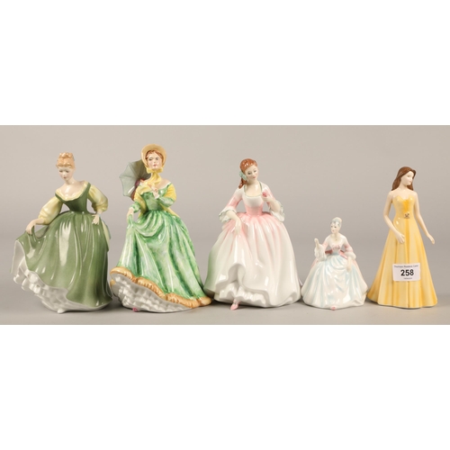 258 - Five Royal Doulton figurines to include Diana HN3310, Fair Lady HN2193, Gemini HN5344, Tender Moment... 