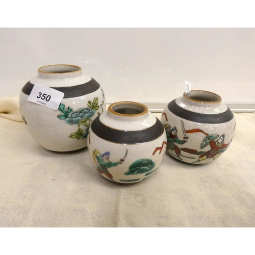 350 - Three crackle glaze Chinese pots, all with character marks to base.