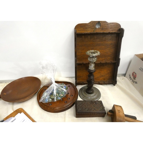 351 - Collection of various treen to include Solitaire board. spoon rack, candlestick etc.