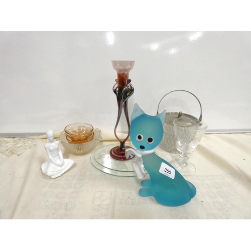 355 - Art glass cat paperweight, candle holder, ice bucket etc.