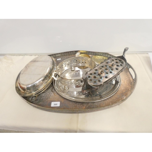 360 - Large EPNS serving tray, epns entree dish, salver  and brassware.