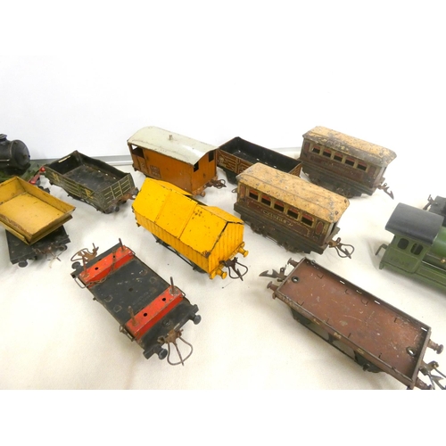 374 - Large box of 0-gauge rolling stock and locomotives.