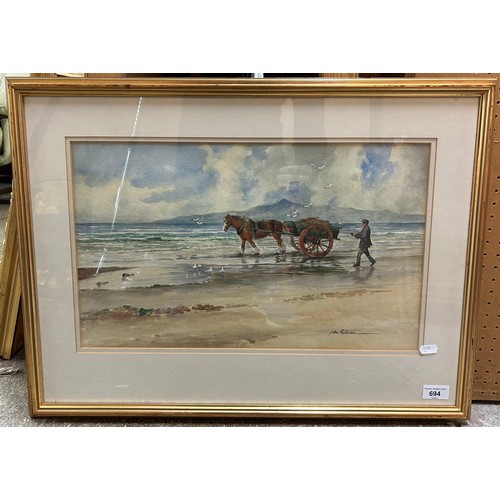 694 - John Cochran (Scottish 20th Century)Horse Pulling Cart on BeachFramed watercolour29.5cm x 49.5cm... 