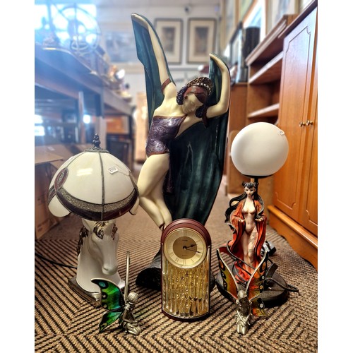 388 - Collection of decorative items to include Art deco figure, table lamps, clock etc.