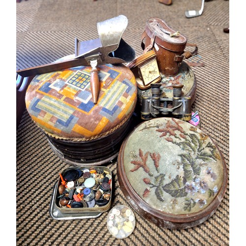 396 - Two Victorian footstools, pair of field glasses, stereoscopic viewer etc.