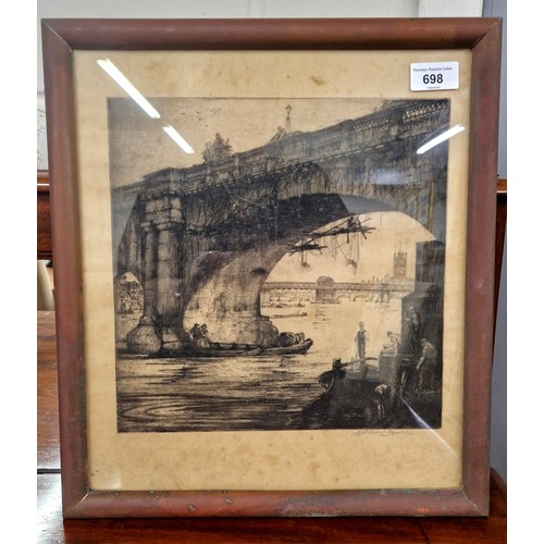 698 - Nathaniel Sparks, signed etching, Thames river scene, etching measures 27cm x 27cm