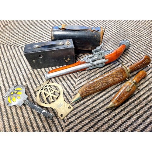 418 - Reproduction pistol, box camera, two AA badges etc.