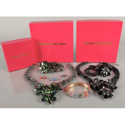 110 - Butler & Wilson, two flower bead necklace & bracelet sets and a jewelled bangle with earring... 