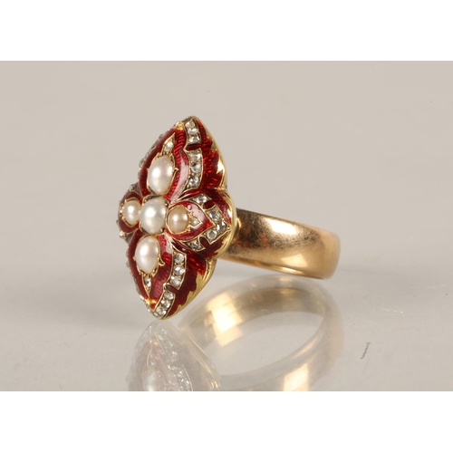 119 - Gold ring with worn hallmarks, red enamelled quatrefoil design set with diamonds and pearls, 12.9g, ... 