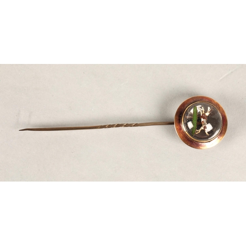 60 - Reverse painted glass stick pin in case, dog design