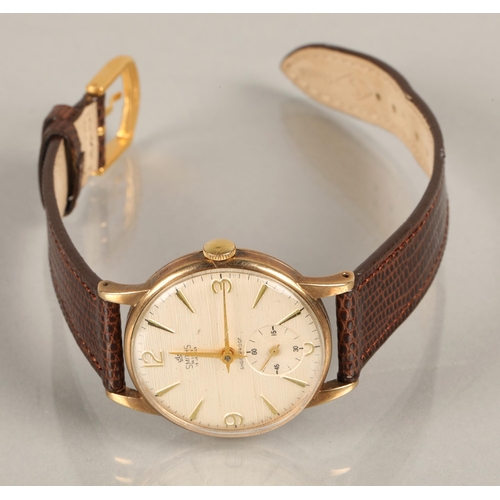 64 - 9ct gold Smiths gents wristwatch with subsidiary dial on leather strap, engraved to back