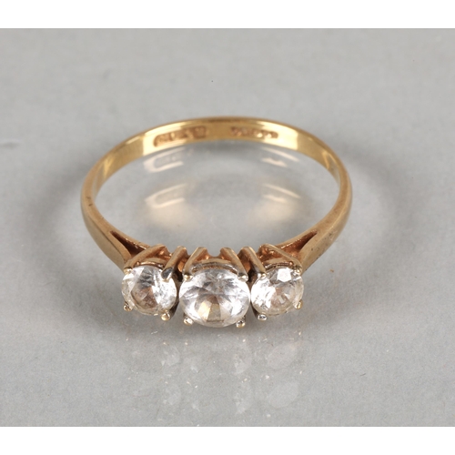 72 - 9ct gold ring set with a trio of white gems, ring size Q, gross weight 1.8g