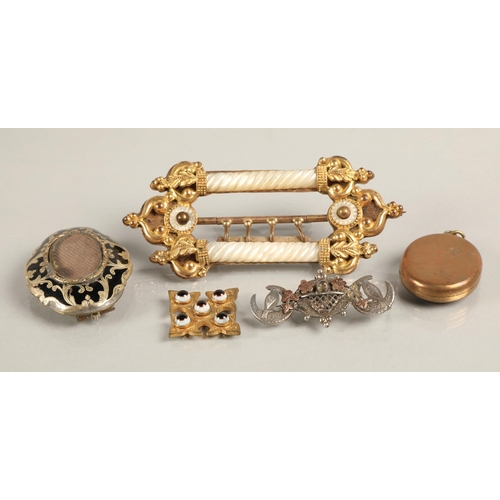 90 - Antique gilt bronze buckle set with mother of pearl, two mourning brooches (broken clasps), a locket... 