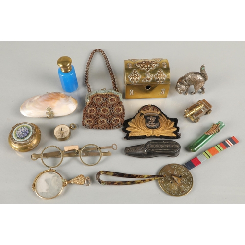 91 - Collection of antique miscellany to include brass Bretagne chest, blue glass bottle, beaded purse, w... 