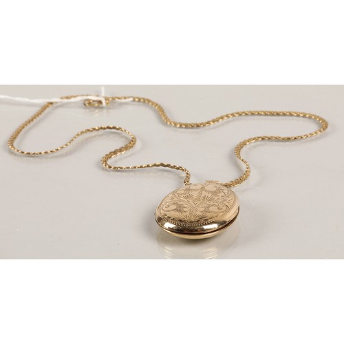 96 - 9ct gold locket on yellow metal chain, 4.5cm x 3.5cm, locket 12.3g without chain