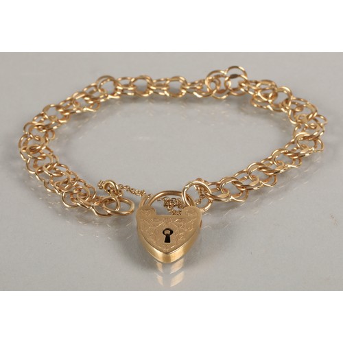 97 - 9ct gold charm bracelet with heart lock clasp, each link is hallmarked, 8.5g