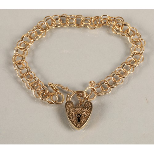 97 - 9ct gold charm bracelet with heart lock clasp, each link is hallmarked, 8.5g