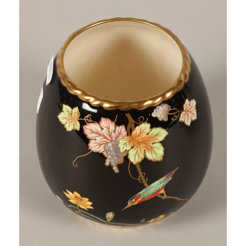 25 - Carltonware black ground baluster vase decorated with flowers. 14cm high.