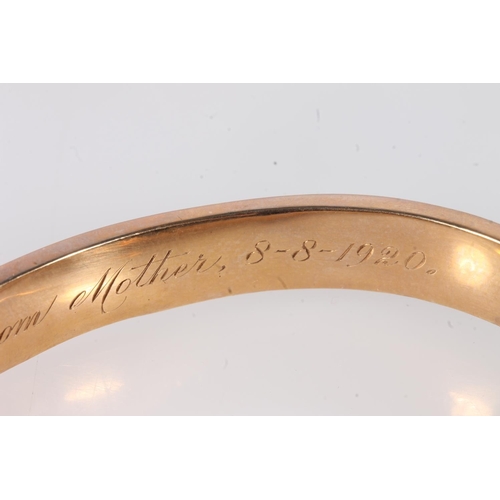 143 - 9ct hollow gold bangle, maker JWK Birmingham hallmarks, 12g.