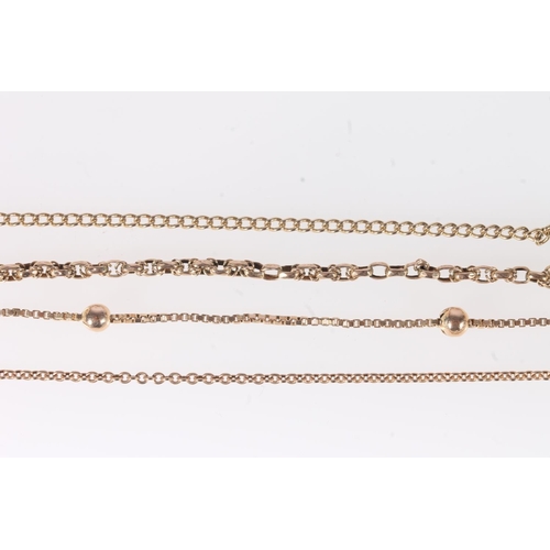 144 - 9ct yellow gold neck chain in Byzantine style pattern, the clasp stamped '9k', two 9ct gold curb lin... 