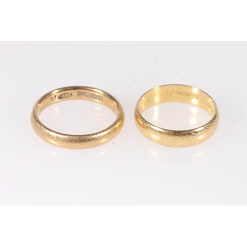 145 - Two 18ct yellow gold plain wedding bands, ring size M and K, 8g gross. (2)