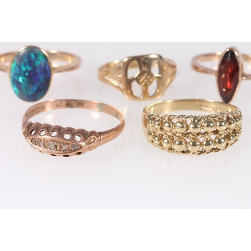 151 - Six 9ct gold dress rings set with stones including opal, diamond and garnet, 13.3g gross. (6)