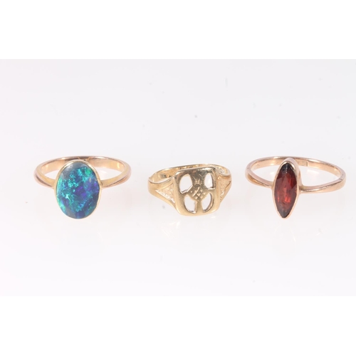 151 - Six 9ct gold dress rings set with stones including opal, diamond and garnet, 13.3g gross. (6)