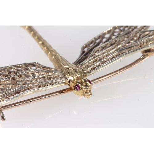 165 - 9ct gold brooch in the form of a dragonfly, two small rubies set to the eyes, maker's mark 'A&W'... 