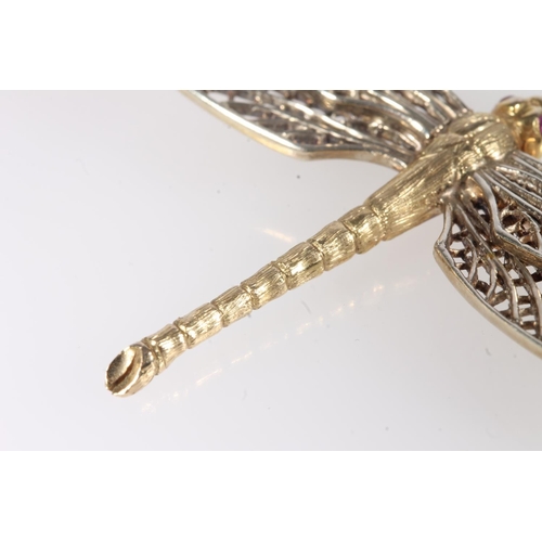 165 - 9ct gold brooch in the form of a dragonfly, two small rubies set to the eyes, maker's mark 'A&W'... 