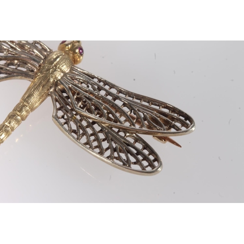 165 - 9ct gold brooch in the form of a dragonfly, two small rubies set to the eyes, maker's mark 'A&W'... 