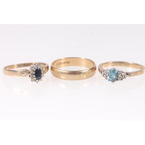 168 - 9ct gold plain wedding band, ring size O, 2g, and two 9ct gold diamond set dress rings, 4.4g gross, ... 