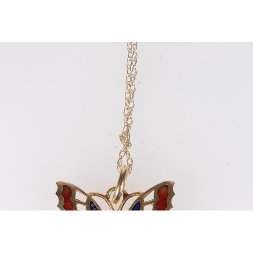 169 - Italian 18ct gold and enamel butterfly pendant, 3g on 9ct gold chain, 3.7g gross.