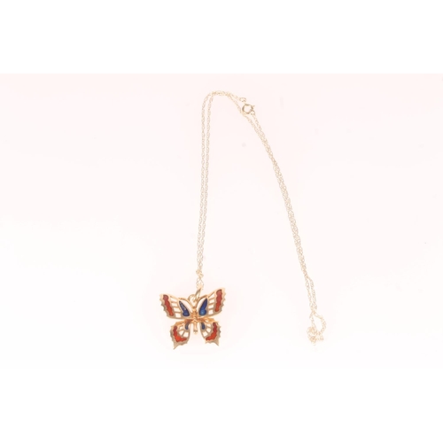 169 - Italian 18ct gold and enamel butterfly pendant, 3g on 9ct gold chain, 3.7g gross.