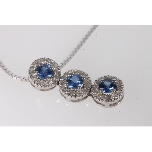 170 - 18ct white gold sapphire and diamond pendant on 18ct white gold box link chain, 5.1g gross.