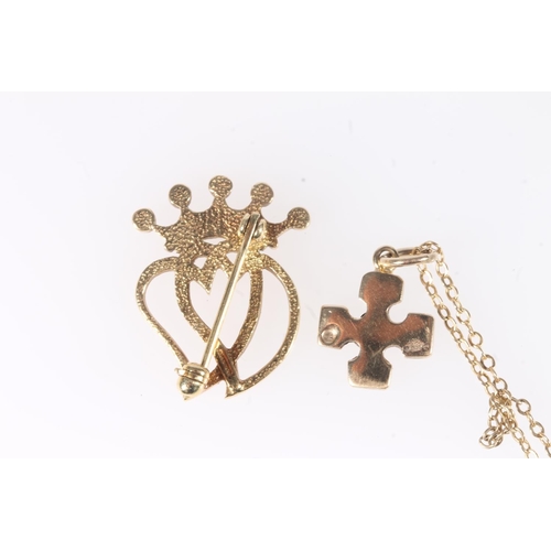 173 - 18ct gold Luckenbooth brooch by Ola Marie Gorie of Orkney, 3.9g, a 9ct gold cross pendant by Malcolm... 