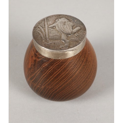 208 - Stella Campion, white metal lidded laburnum wood pot with frog design 