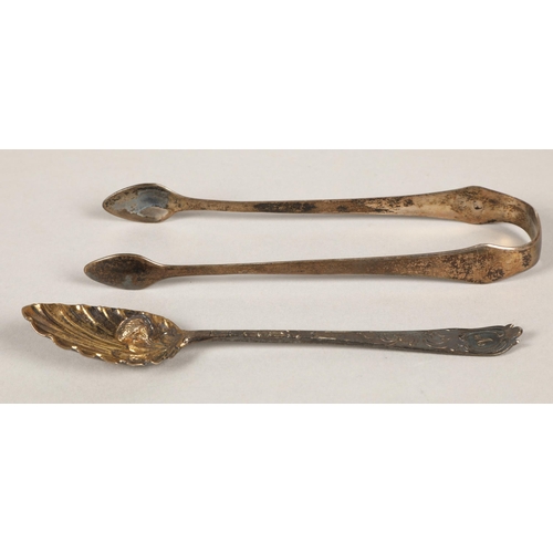 209 - Silver spoon and sugar tongs hallmarked illegibly, 39g